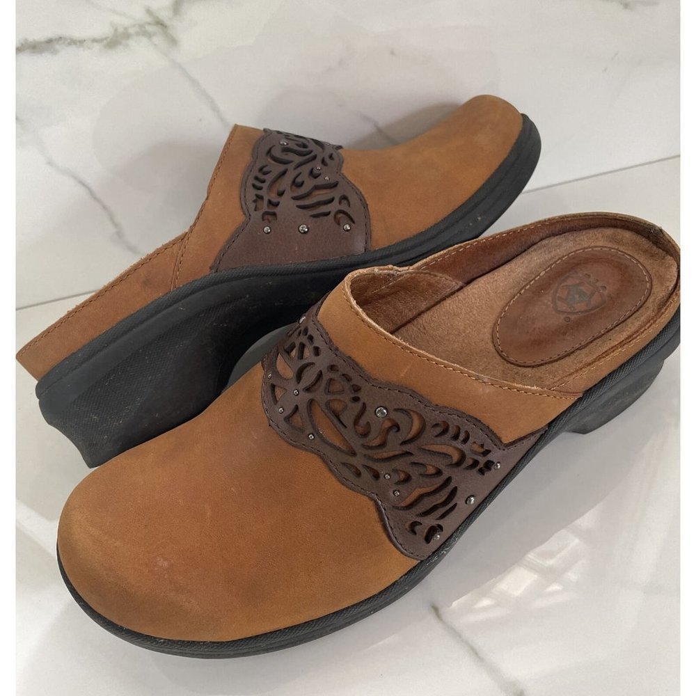 Womens Ariat Clogs Brown Tan Leather Mules Slip On Size 8 - Picture 5 of 12
